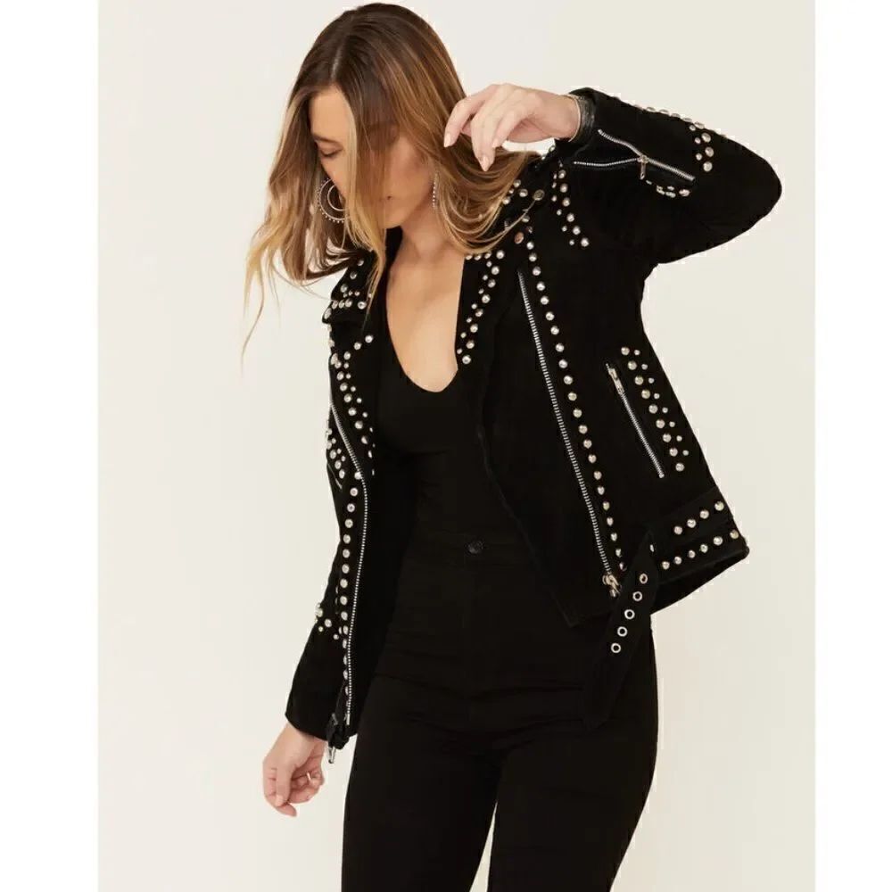 Free People Understated Leather Women's Black Dome Studded Moto Suede Ja…